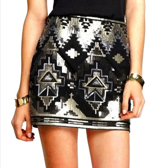 Express | Aztec Mini Skirt | Black with Gold + Silver Sequins | SM - Picture 1 of 3
